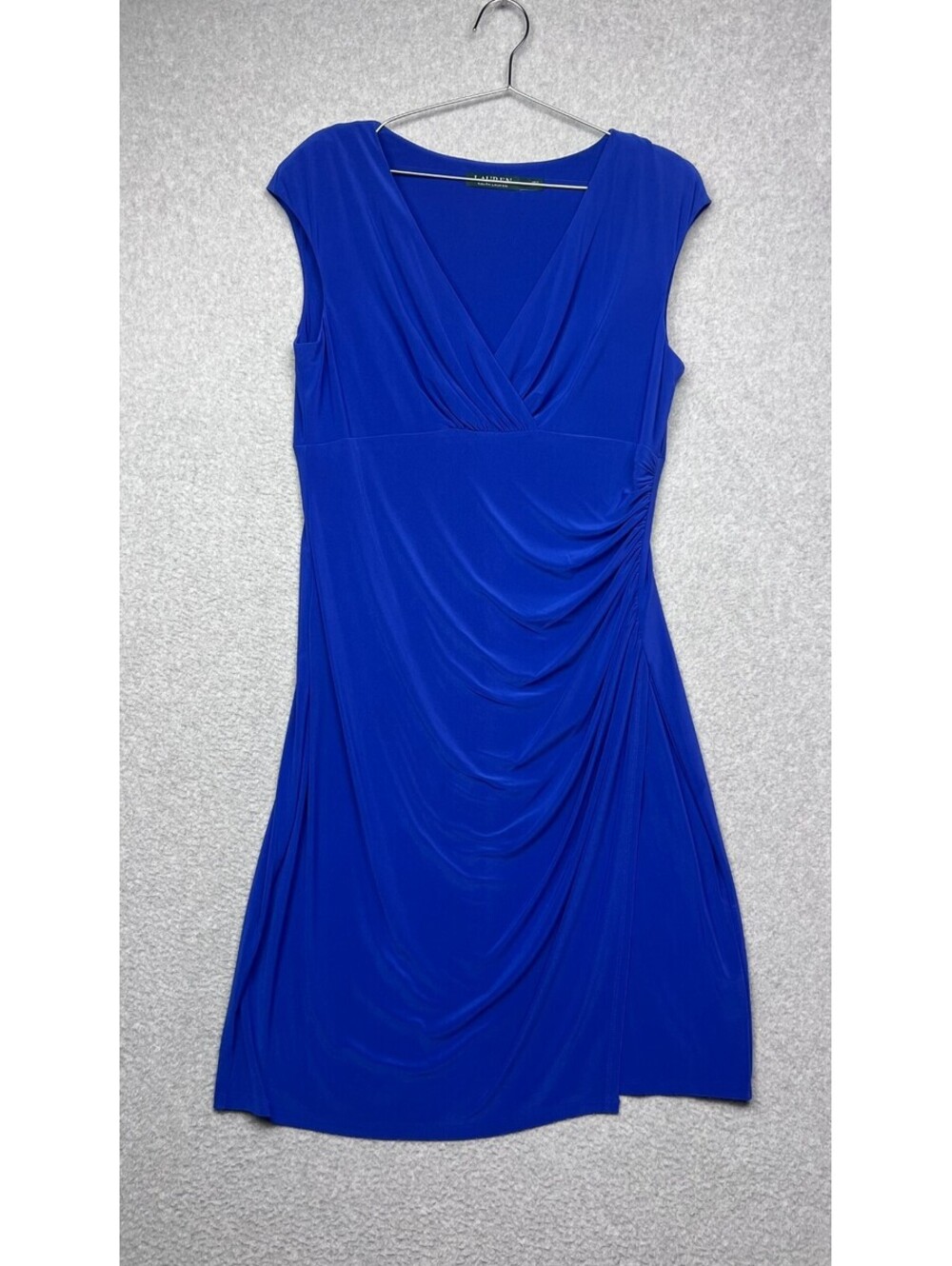 Lauren Ralph Lauren Dress Womens 14 Cobalt Blue Faux Wrap Ruched Sheath Cocktail